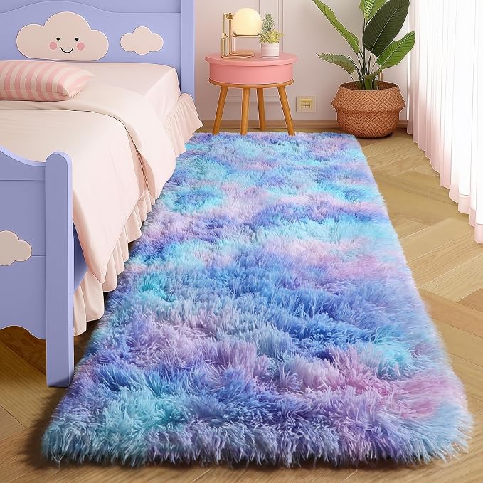 Amdrebio Purple Rainbow Mermaid Fluffy Runner Area Rug 2x6 for Kids Bedroom | Plush Furry Shag Pastel Girls Carpet, Baby Nursery Classroom Dorm Playroom Decor, Cutecore Kidcore Aesthetic, Pink Blue Color