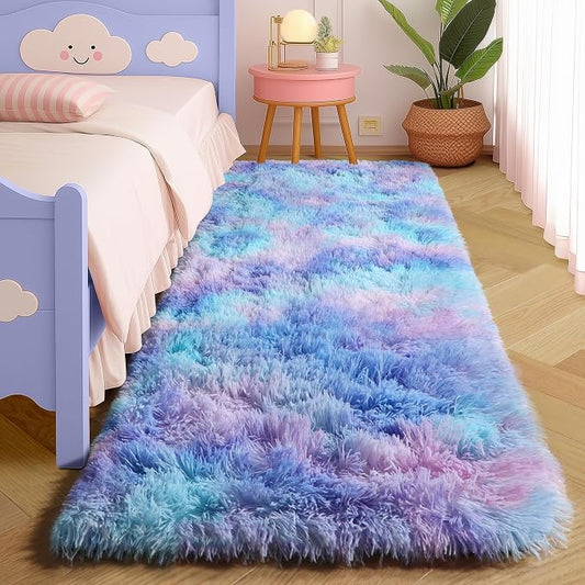 Amdrebio Purple Rainbow Mermaid Fluffy Runner Area Rug 2x6 for Kids Bedroom | Plush Furry Shag Pastel Girls Carpet, Baby Nursery Classroom Dorm Playroom Decor, Cutecore Kidcore Aesthetic, Pink Blue Color