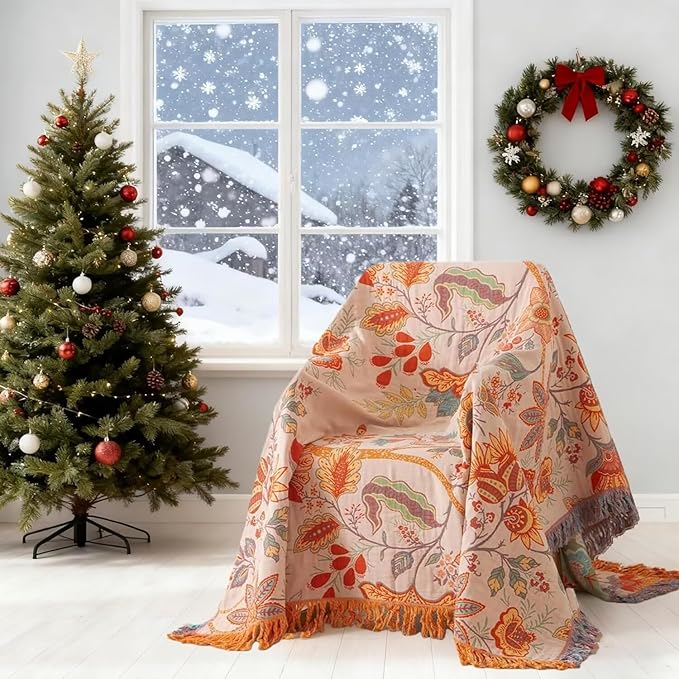 Boho Throw Blanket for Bed 100% Cotton Bohemian Blankets Ultra Soft Woven Muslin Decorative Blankets All Seasons Vintage Quilt Knitted Blanket for Sofa Chair(Orange, 80"x90")
