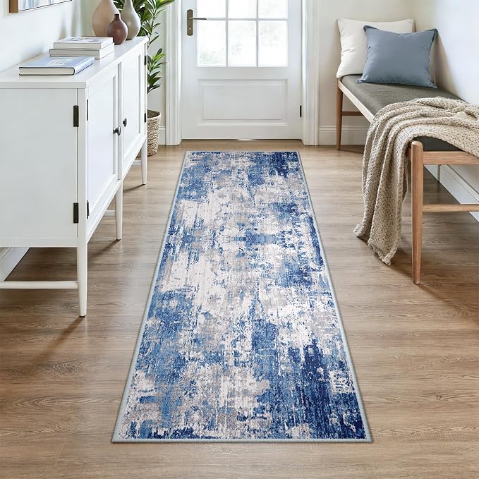 RELEANY Washable Runner 3'x7' Abstract Area Rug for Hallway Blue Gray | carpet for kitchen, entryway, bathroom, living room, bedroom, printed pattern, non-slip, soft, stain-resistant, easy to clean