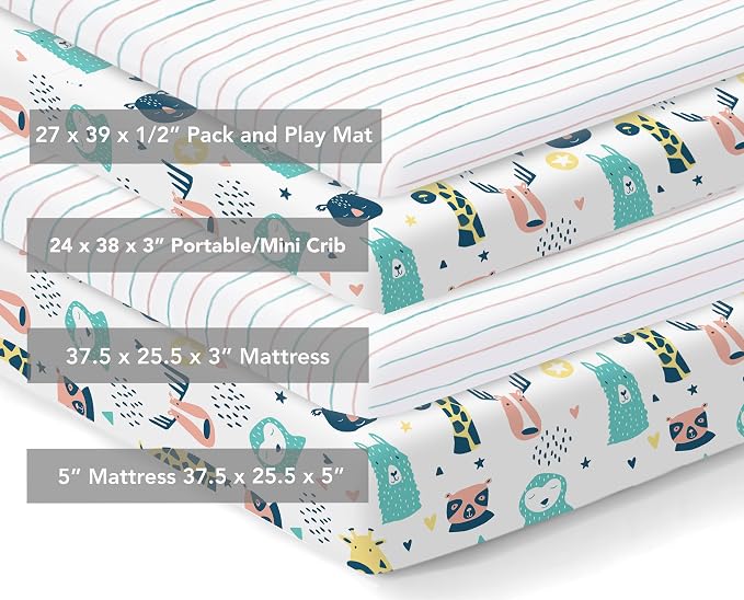 100% Organic Cotton Fitted Sheets Perfectly Compatible with Graco Pack n Play, Babyletto, Pamo Babe, Hiccapop, Dream on Me, Evenflo, Baby Trend Portable/Mini Crib/Playards. 2 Pk
