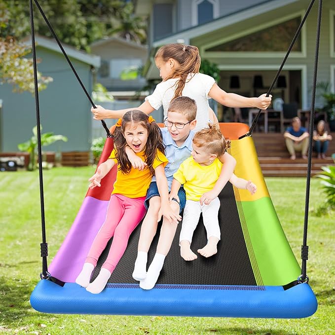 Trekassy Swing Sets for Backyard, 440lbs Heavy Duty A-Frame Metal Stand with 60" Large Platform Swing for Outdoor Playground Park（Green/Tan Frame + Rainbow Swing）(Patented)