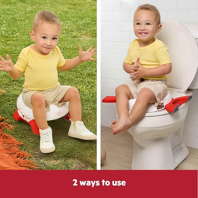Disney Pixar Cars 2-in-1 My Travel Potty by Bright Starts, Freestanding Potty or Toilet Topper Seat, Includes Travel Storage Bag, Red - Lightning McQueen