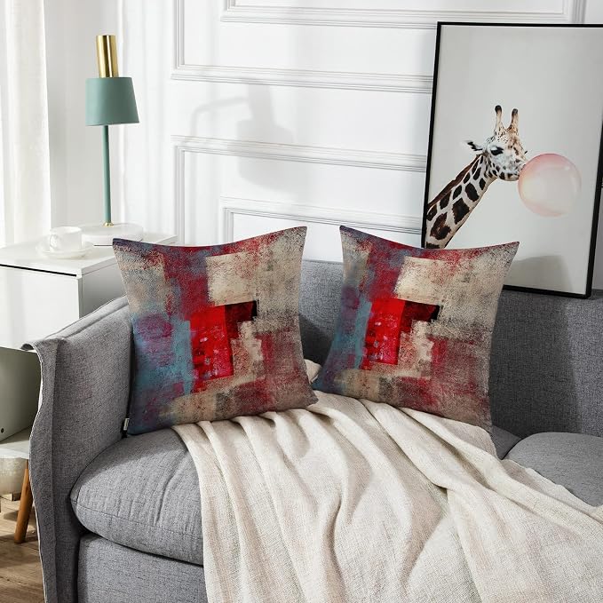 Emvency Throw Pillow Covers Set of 2, 16 x 16 Inch, Red Brown and Gray | Modern Abstract Painting Outdoor Decorative Square Pillow Cases Couch Cushion Case for Couch Bed Sofa Living Room Home Decor