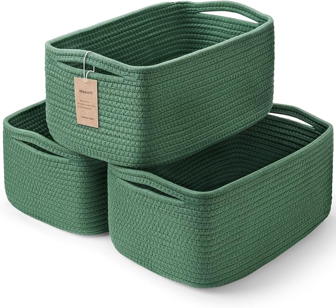 3 Pack Storage Baskets for Organizing, 13.7×9.5×6.3", Green | Woven Baskets for Shelves, Cotton Rope Basket for Gifts Empty, Closet Organizer Bins with Handles, Cube Decorative Box