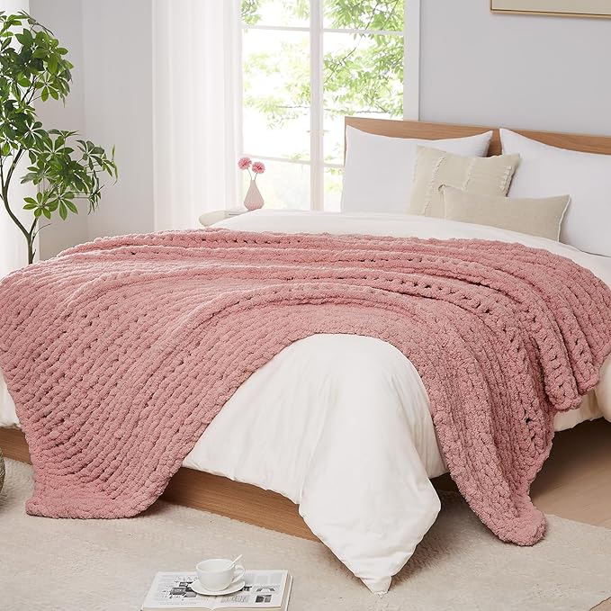 L'AGRATY Chunky Knit Throw Blanket for Couch, 60 x 80 Inches, Rose Pink | Handmade Chenille Crochet Blanket for Sofa Bed, Thick Cable Knitted Blankets for Room Home Decor, Birthday Gift for Women Mom