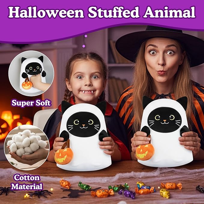 Halloween Ghost Stuffed Animal, Halloween Ghost Black Cat Plush Toy with Pumpkin Gifts for Girls Boys Decor 10 Inch