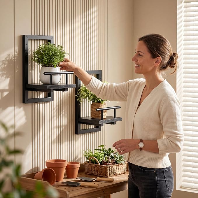 Sbosbo Floating Shelves for Wall Plant Shelf Indoor Wall Mounted Shelves | Wall Planters for Indoor Floating Plant Shelves for Bedroom, Living Room, Kitchen, Office, Bathroom Decor (Black, 2 Pack)