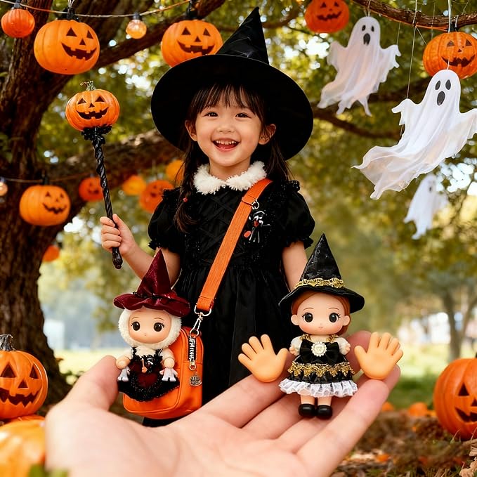 Halloween Doll Clothes Set for 17cm Dolls – Stylish Outfit with 2 Witch Hat, 2 Suspender Skirts, Cute Clothes for Halloween & Cosplay Essential (Red+Black) (Doll Not Included) 2PCS
