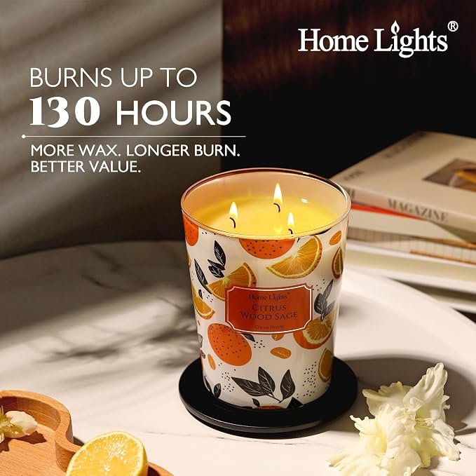 HomeLights Citrus Wood Sage Scented Candles | 34oz Soy Candles Eclectic Mixed Styles 3-Wick Large Candle Jars | Ideal Candle Gifts for Events, Home Decor Stress, Relief & Relaxation