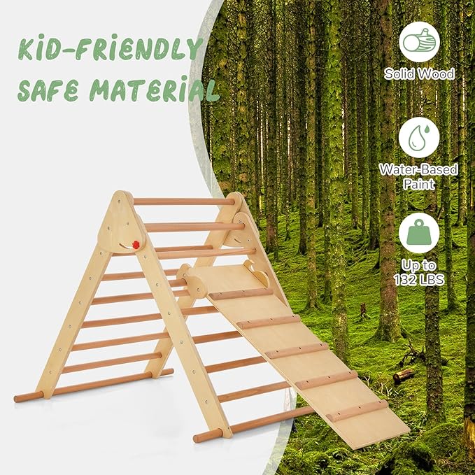 OLAKIDS Pikler Triangle Set 3 in 1 Climbing Toys for Toddlers Foldable Wood Montessori Baby Jungle Gym with Ramp Ladder Slide Kids Indoor Playground Activity Play Structure