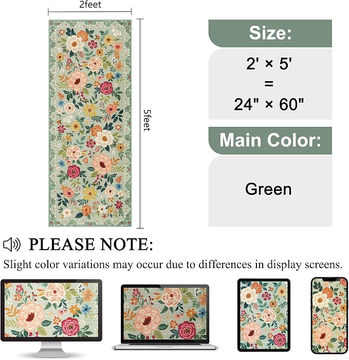 DUKINO 2x5 Runner Rug, Floral Washable Rug for Kitchen Non Slip, Green | Low Pile, Soft, Stain Resistant Indoor Rug Runner for Entryway, Hallway, Bedroom, Bathroom, Laundry, Pet Friendly, Home Decor