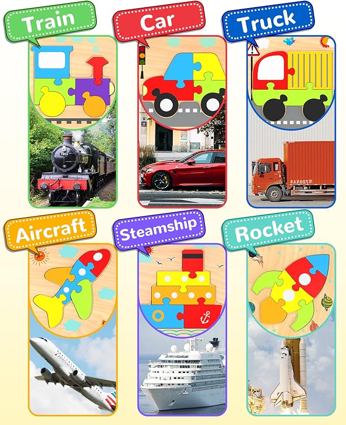 Yetonamr Wooden Toddler Puzzles Gifts Toys for 1 2 3 Years Old Boys Girls, 6 Vehicle Shape Montessori Toys Educational Blocks Kids Gift Baby Learning Toy Age 1-3, 2-4