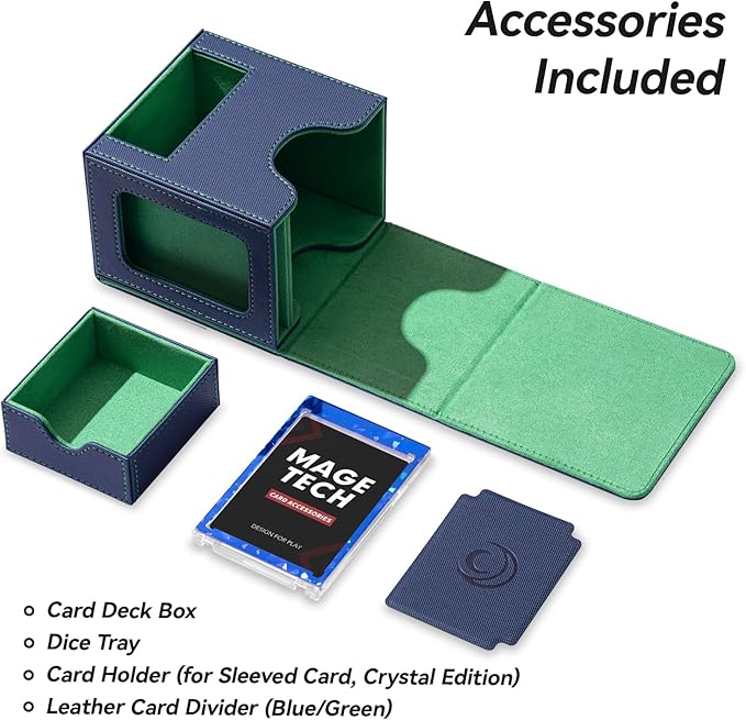 Mage Tech Card Deck Box for MTG Commander - Patented Design, Commander Display, Fits 100 Double-Sleeved Cards, 35pt Card Brick & Dice Tray - Blue/Green