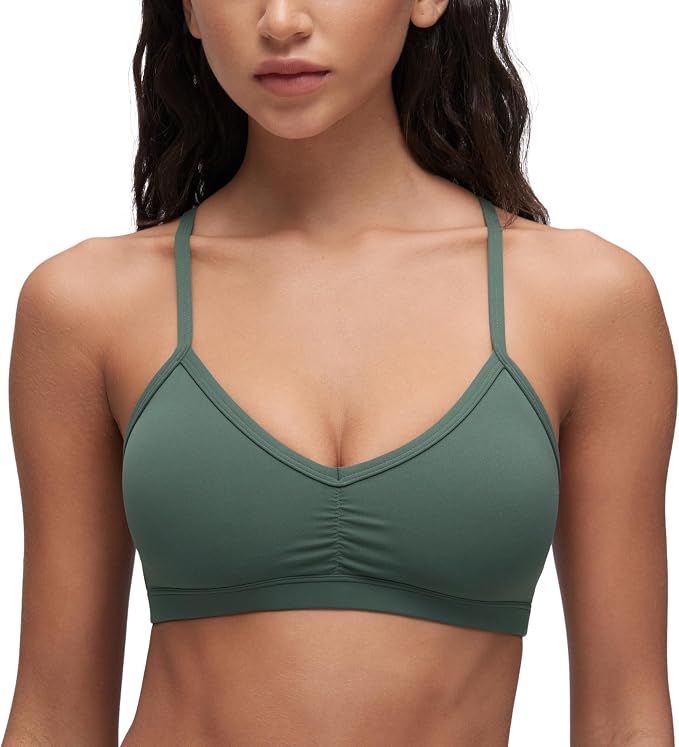 CRZ YOGA Butterluxe Ruched Sports Bras for Women - V Neck Spaghetti Thin Strap Y Back Wireless Padded Yoga Crop Top