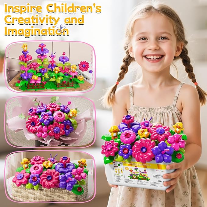Flower Garden Building Toys for Toddler 3 4 5 6 7 Years Old, DIY Stacking Toys with Storage Box, Kids STEM Preschool Educational Toy, Christmas Birthday Gift for Girls Ages 3-5