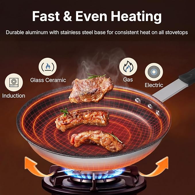 DUMOS 8 Inch Nonstick Frying Pan, Heavy-Gauge Aluminum Skillet with Ceramic Nonstick Coating, Stainless Steel Base & Handle, Omelet Pan for Induction, Electric, Gas, PFAS Free, Oven Safe, Black Handle