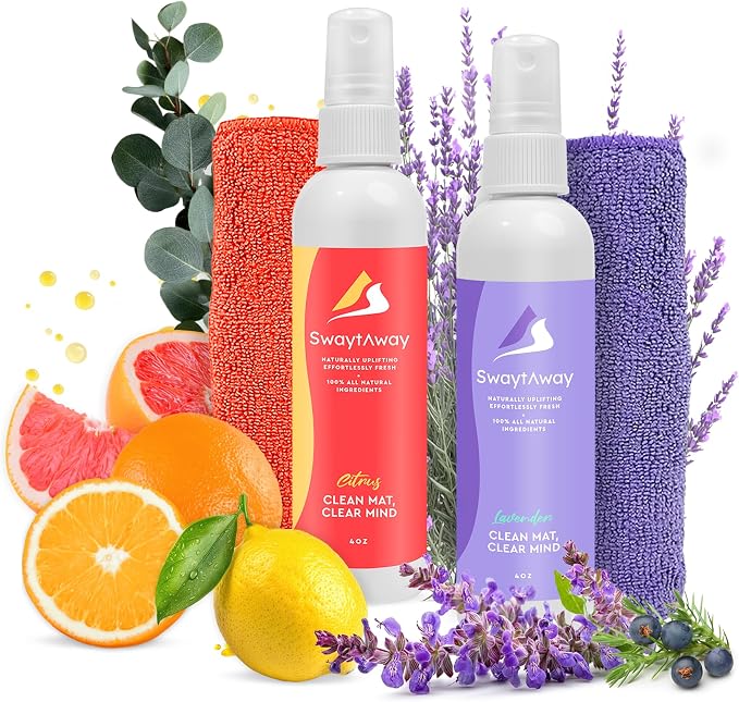 Mint Bucket Brands SwaytAway Fitness Mat Mist 2-Pack – 4oz Travel Size Yoga Mat Spray with Towel (Lavender, Citrus) – Aromatherapy-Inspired Blends – Plant-Based, No Rinse, Refreshes & Deodorizes