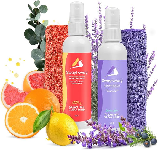 Mint Bucket Brands SwaytAway Fitness Mat Mist 2-Pack – 4oz Travel Size Yoga Mat Spray with Towel (Lavender, Citrus) – Aromatherapy-Inspired Blends – Plant-Based, No Rinse, Refreshes & Deodorizes