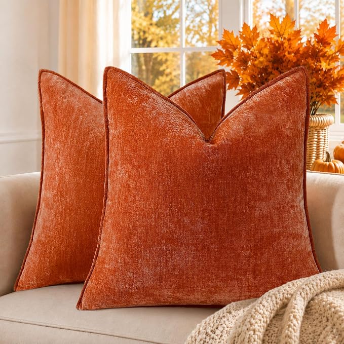 decorUhome Chenille Rust Velvet Throw Pillow Covers 24x24 Set of 2 | Fall Soft Euro Sham Couch Decorative Modern Farmhouse Pillow Cases with Elegant Design for Sofa Bed Living Room Home Decor