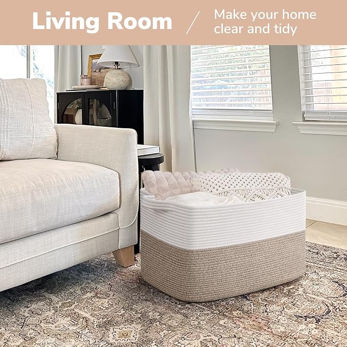 Goodpick 75L Extra Large Woven Blanket Basket, 22" x 17" x 12", Light Brown | Decorative Storage Basket for Blankets, Pillows & Toys, Cotton Rope Basket for Living Room & Bedroom, Stylish Home Decor