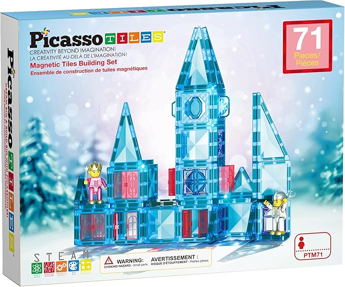 PicassoTiles 71pc Mini Diamond Series Winter Ice Theme Magnetic Tile Building Blocks 2 Character Action Figures Travel Size On-The-Go Magnet Construction Toy Set STEM Development Kit Ages 3+ PTM71