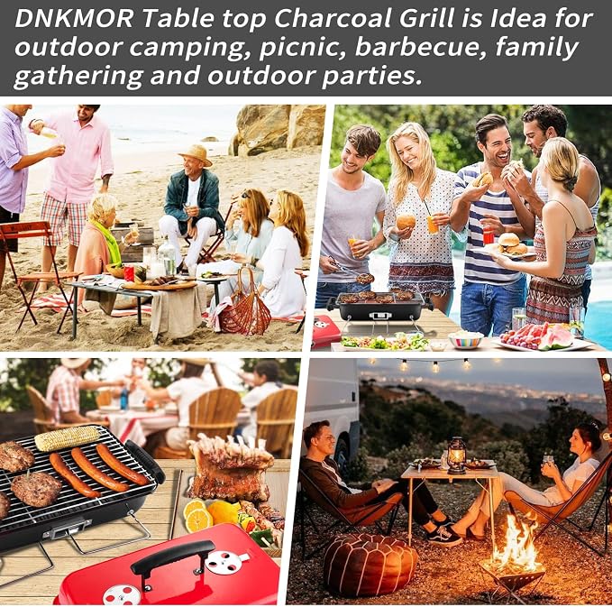 Portable Charcoal Grill, Tabletop Outdoor Barbecue Smoker, Small BBQ Grill for Outdoor Cooking Backyard Camping Picnics Beach,RED