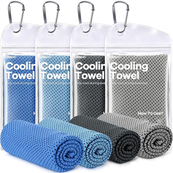 ROXUN 4 Pack Cooling Towels, 40''x12'' Soft Breathable Chilly Neck Ice Rags | Workout Running Golf Gray+Dark Gray+Blue+Grayish Blue