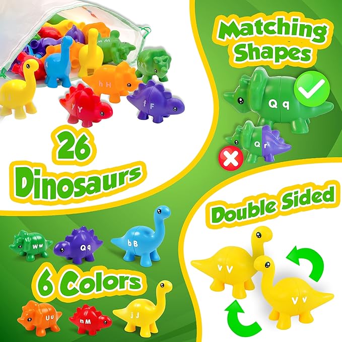 Dinosaur Alphabet Learning Toys - 52pc in Storage Box | 26 Double Sided Dino Matching Toys | Preschool Dinosaur Letter Matching Toy for Toddlers 3-5