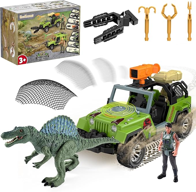 EKU Dinosaur Park Truck with 10 Sounds, Capture Net, Clamp, Launcher, Chomping Spinosaurus Figure, Human, Push and Go Adventure Vehicle for Jurassic World Toys Pretend Play Gifts for Kids 3+
