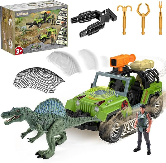 EKU Dinosaur Park Truck with 10 Sounds, Capture Net, Clamp, Launcher, Chomping Spinosaurus Figure, Human, Push and Go Adventure Vehicle for Jurassic World Toys Pretend Play Gifts for Kids 3+