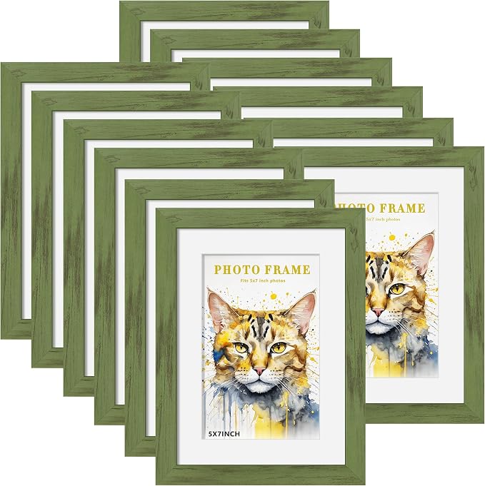 Picrit 5x7 Picture Frame Set of 12, Display 4x6 with Mat or 5x7 without Mat, Photo Frames for Wall Mounting or Table Top Display, Green Wood Grain