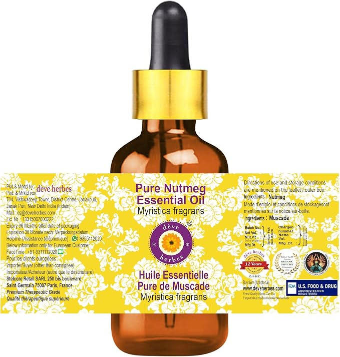 Deve Herbes Pure Nutmeg Essential Oil (Myristica fragrans) with Glass Dropper Steam Distilled 100ml (3.38 oz)