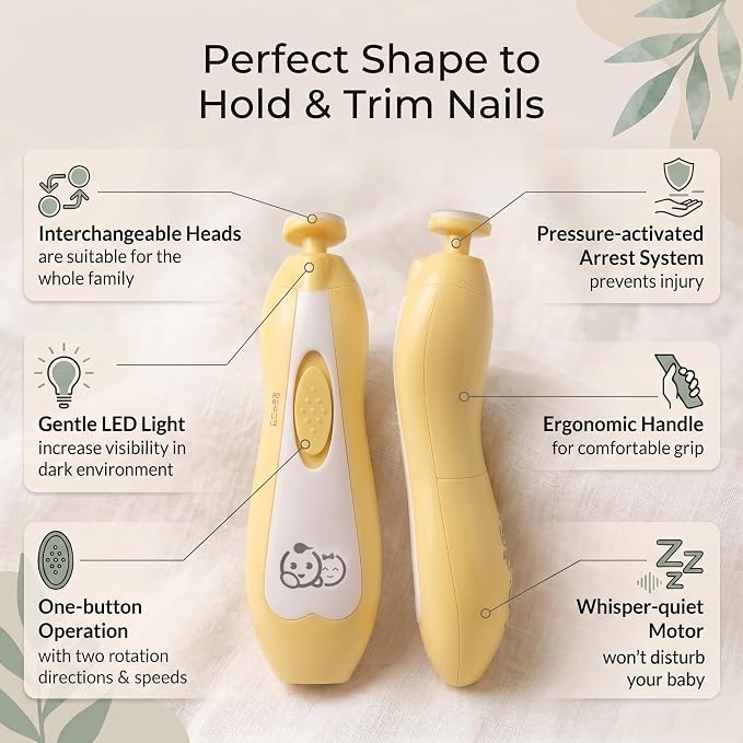 Royal Angels Upgraded 21 in 1 Baby Nail Trimmer with Labeled Case, 13 Extra Replacement Pads, Safe Electric Baby Nail File Kit for Newborn & Toddler, Whisper Quiet Nail Clipper with LED Light (Yellow)