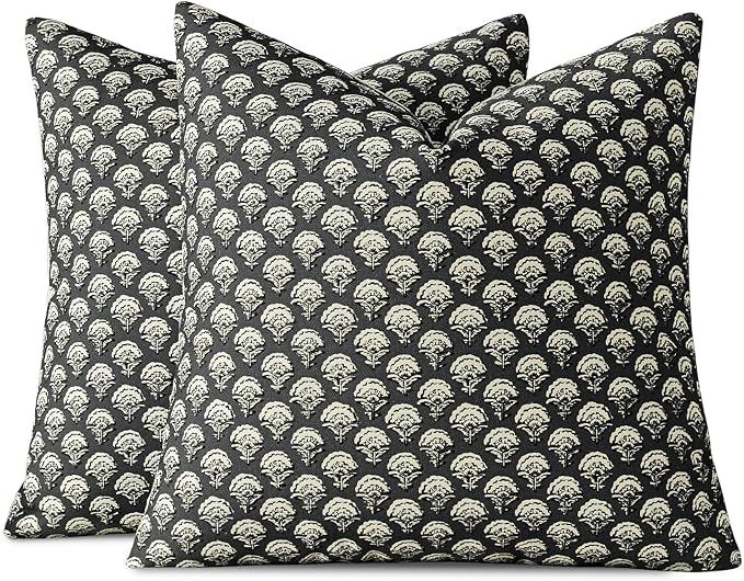 MIULEE Floral Print Decorative Pillow Covers Fall 20x20, Black | Vintage Boho Farmhouse Modern Home Decor, Set of 2, Block Print Cushion Covers for Couch Sofa Bed Living Room