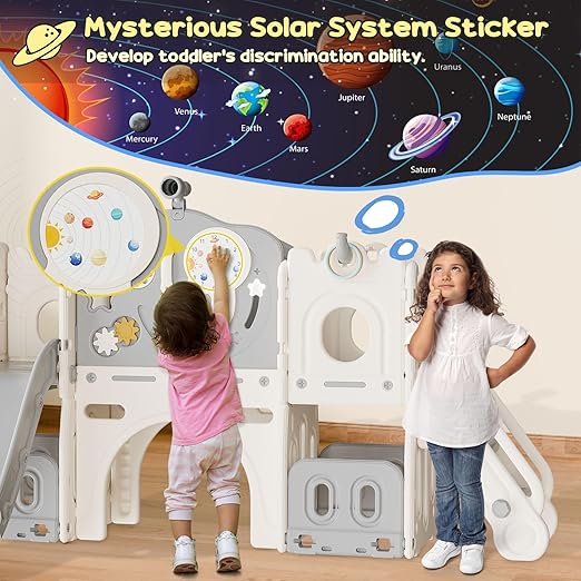 BIERUM 12 in 1 Toddler Slide, Astronaut Themed Baby Slide for Toddlers Aged 1-3, with Astronaut, Moon, Cloud, Star, Phone Call Design, Basketball Hoop and Ring Toss, Toddler Playset Beige Gray