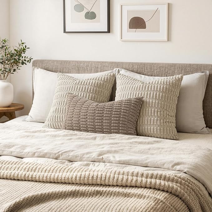 MIULEE Lumbar Corduroy Decorative Throw Pillow Covers 24x14 Light Brown | Pack of 2 Soft Boho Striped Pillow Covers Modern Farmhouse Fall Home Decor For Sofa Living Room Couch Bed