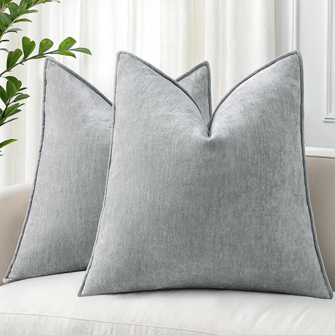 decorUhome Chenille Ultimate Gray Throw Pillow Covers 24x24 Set of 2 | Fall Soft Euro Sham Couch Decorative Modern Velvet Pillow Cases with Elegant Design for Sofa Bed Living Room Home Decor