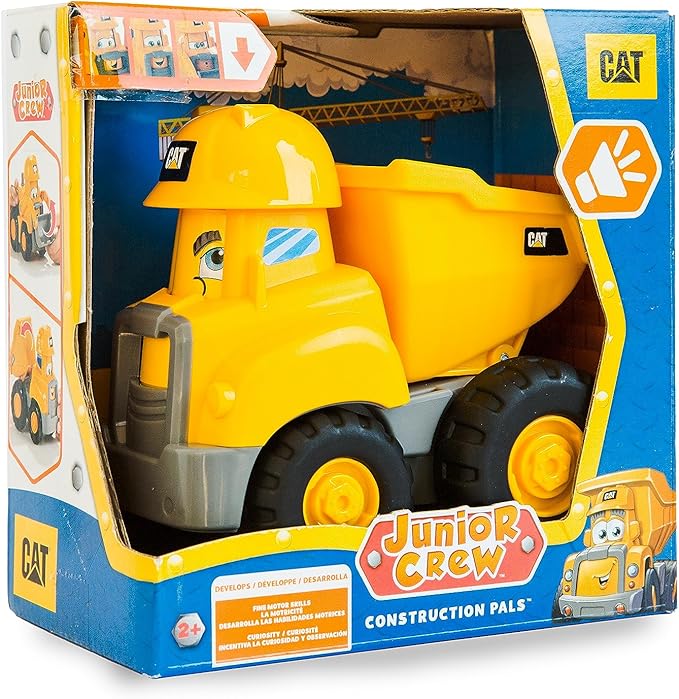 CAT Construction Toys, Junior Crew Construction Pals Dump Truck Educational Preschool Vehicle with Kid Vroom Sounds and Animated face. for Ages 2+