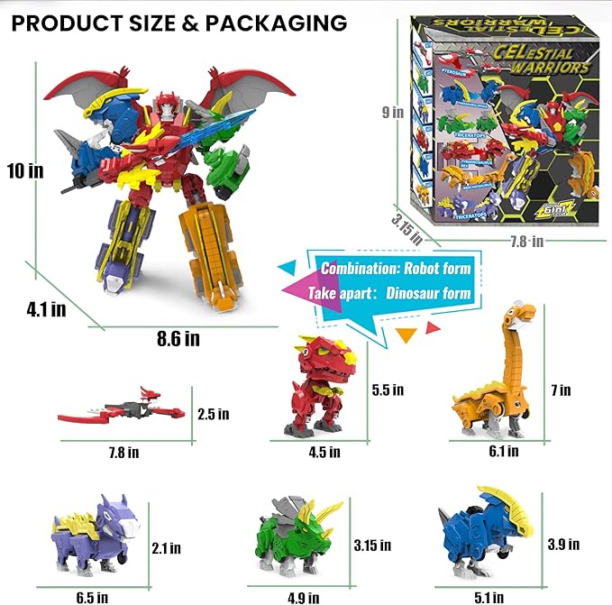 Wenbeier Robot Dinosaur Toy 6-in-1 Transforming Robot Toys Take Apart Toys Including 6 Dinosaur Action Figures with Weapon Deformation for Boys and Girl Ages 6 7 8 9