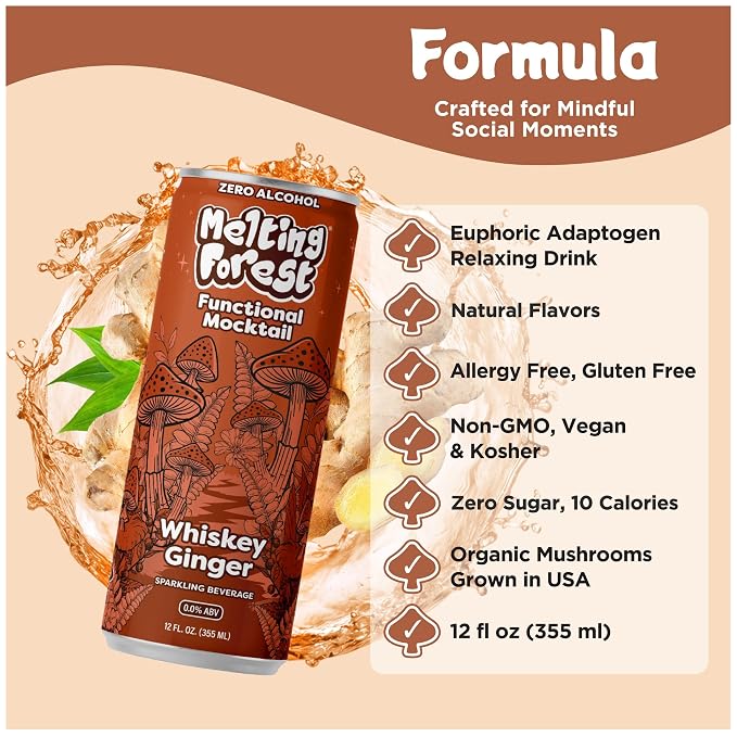 Melting Forest Functional Mocktail - 4 Variety Flavors - Alcohol-Free, Euphoric Adaptogen Drink with Reishi, Antrodia, Lion’s Mane, L-Theanine & Ashwagandha - 10 Calories, Vegan, Gluten-Free (16 Pack)