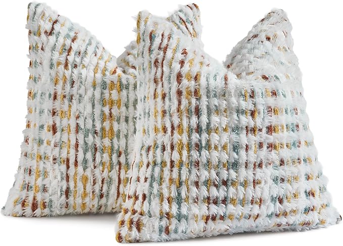 Set of 2 Boho Chenille Pillow Cover Decorative Tufted Pillowcase for Couch Bed Sofa Bedroom Living Room Modern 18 x 18-Inch Brown White