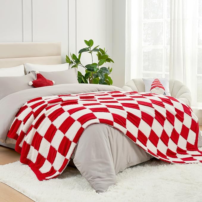 Snuggle Sac Red Checkered Blanket, Fluffy Faux Fur Ultra Soft Warm Microfiber Throw Blankets for Couch, Sofa, Chair, Bed, Red Checker, 50x60 inches