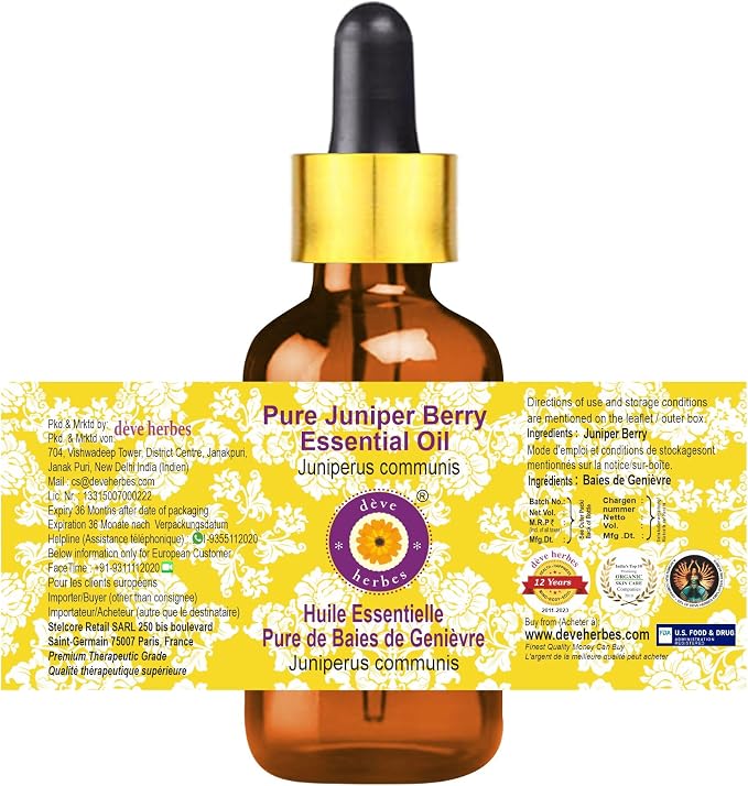 Deve Herbes Pure Juniper Berry Essential Oil (Juniperus communis) with Glass Dropper Steam Distilled 5ml (0.16 oz)