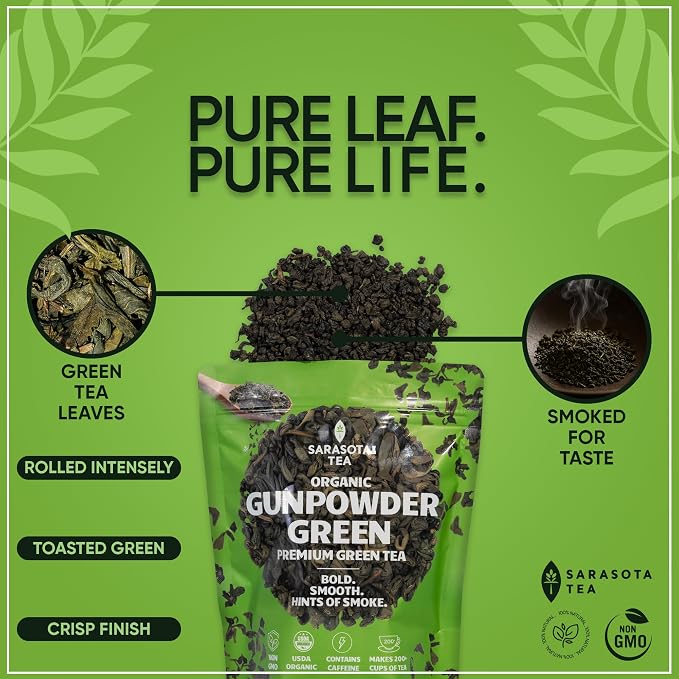 Organic Gunpowder Green Tea Loose Leaf, 1 lb Bulk Bag, USDA Organic Chinese Green Tea, Bold Earthy Flavor, Non-GMO
