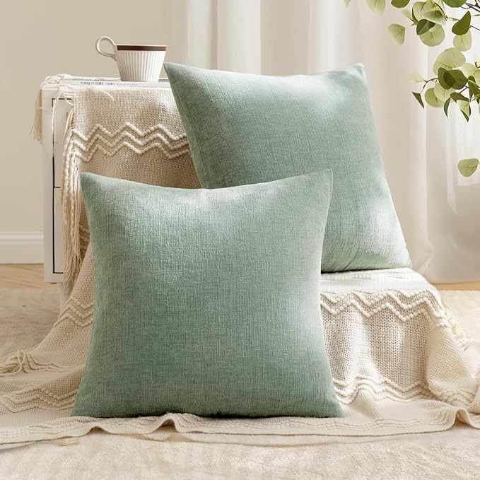 MIULEE Greyish Green Chenille Couch Throw Pillow Covers, 18x18 | Set of 2, Soft Modern Farmhouse Style, Decorative Pillowcases for Sofa Living Room Bed, Home Decor