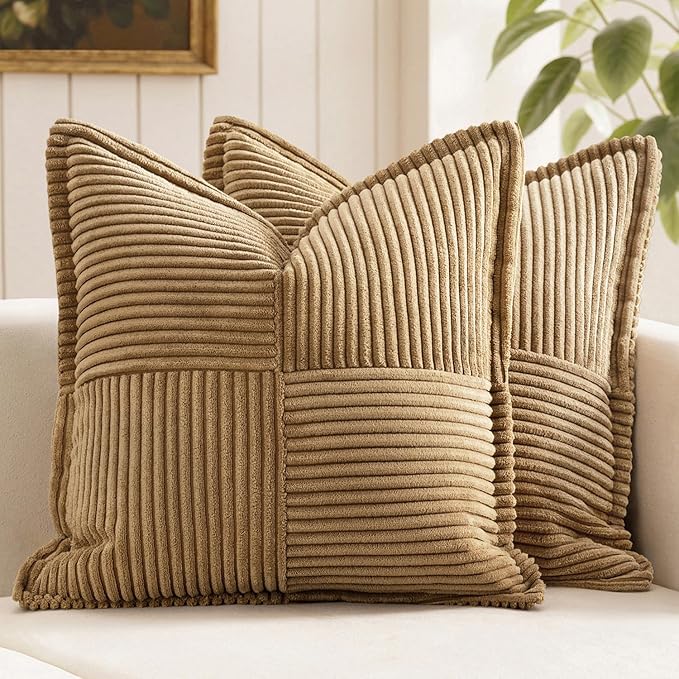MIULEE Decorative Euro Sham Throw Pillow Covers 24x24 Inch Brown 2 Pack | Boho Broadside Striped Patchwork Pillow Covers, Soft Corduroy Cushion Cases, For Bed Couch Sofa Livingroom Home Decor