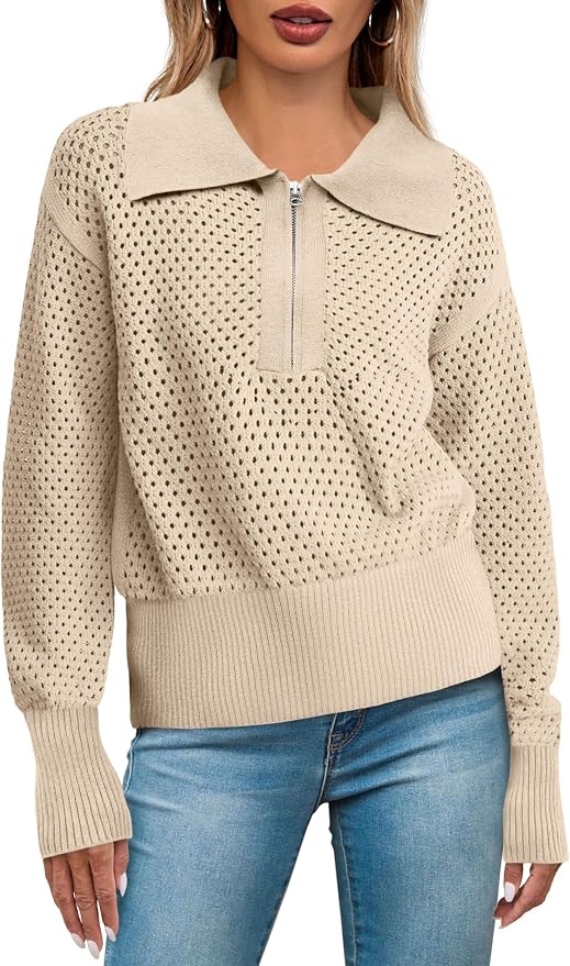 Doshoop Womens Summer Crochet Sweaters Long Sleeve Hollow Out Knit Half Zip Lapel Collar Pullover Tops
