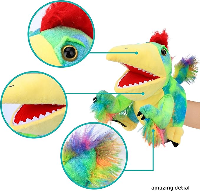 Cuteoy Plush Caudipteryx Hand Puppet Stuffed Animal Toy Open Movable Mouth Creative Role Play Storytelling Dinosaur Plushies Gifts for Kids Toddlers Birthday Christmas