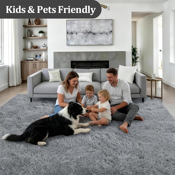 8x10 Area Rugs for Living Room Bedroom: Ultra Soft Fluffy Shag Rug Upgrade Non-Slip Non-Shedding Large Fuzzy Plush Carpet Indoor Floor Carpets for Kids Room Playroom Nursery Dorms Home Light Gray